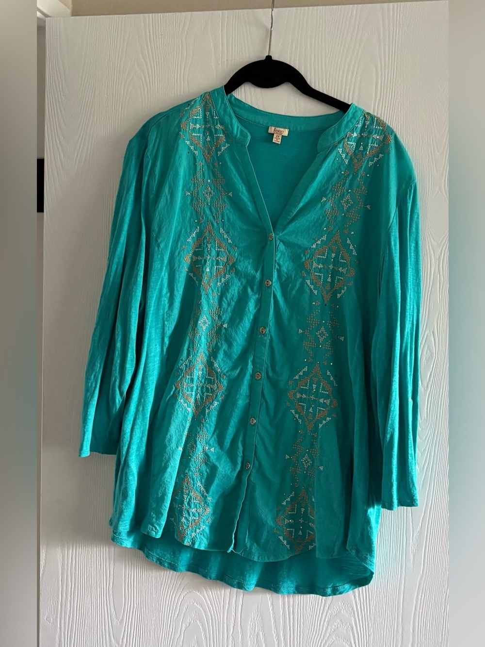 Reba turquoise mixed fabric top with convertible sleeve & embroidery 2X ?1X